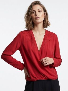 The Kooples Red 100% Silk Lace Trim Wrap Blouse Size Large Office Romantic